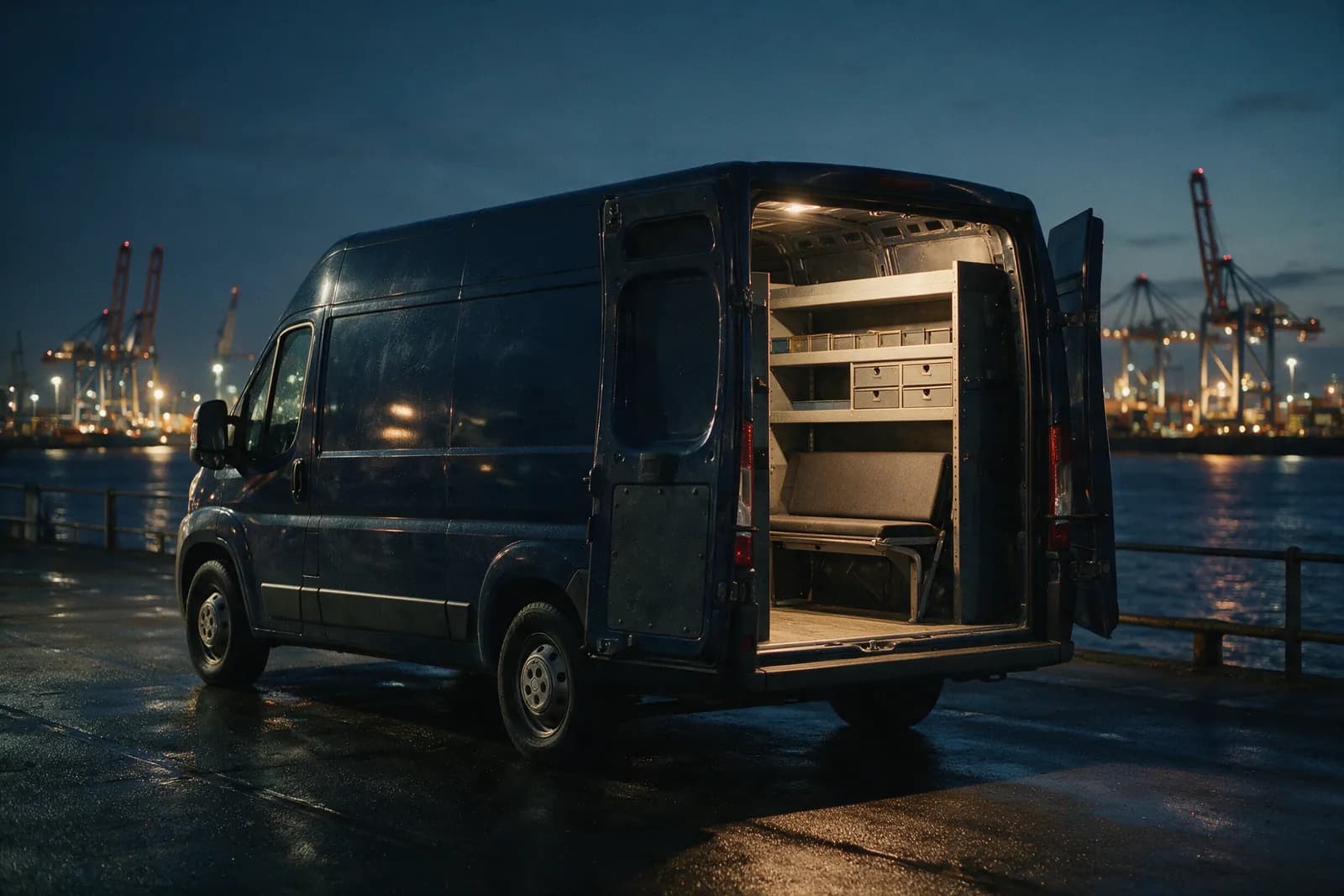 Estuary Lock & Key van on the Oakland waterfront at night