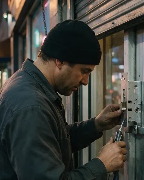 Vic Ramos, owner of Estuary Lock & Key, working a storefront lock at dusk