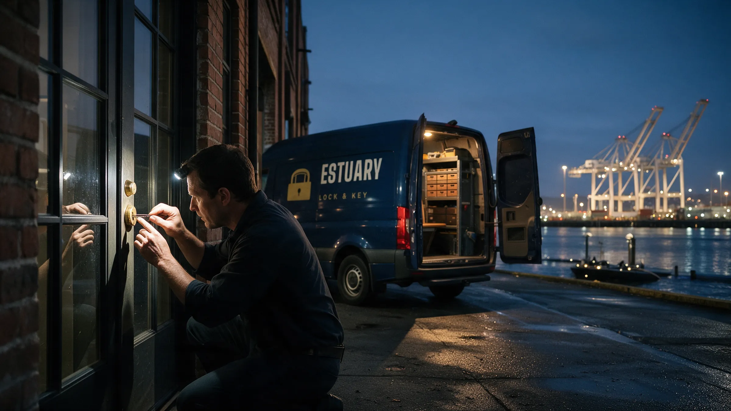 A locksmith with a headlamp picking the lock of a glass storefront door in a brick building on the Oakland Estuary at night, port cranes and marina lights behind, dark van at the curb